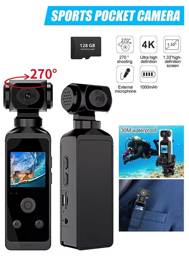 Handheld 4K Video Camera Camcorder, UHD 4K 30fps WiFi Pocket Digital Camera, 6-Axis Gyroscope Vlogging Camera with 1.33-inch Screen, 270° Rotable Lens, Mic Included, IP8 Water Proof, for Photography, with 128G TF Card - Image 2