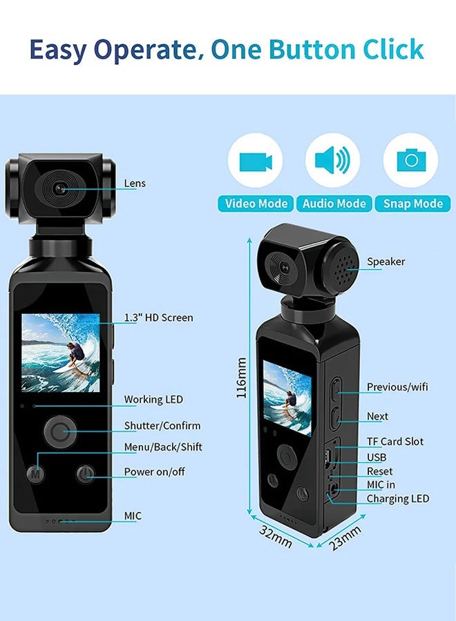 Handheld 4K Video Camera Camcorder, UHD 4K 30fps WiFi Pocket Digital Camera, 6-Axis Gyroscope Vlogging Camera with 1.33-inch Screen, 270° Rotable Lens, Mic Included, IP8 Water Proof, for Photography, with 128G TF Card - Image 5