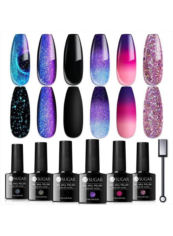 UR SUGAR Glitter Gel Nail Polish Set, 6 Colors Glitter 9D Cat Magnetic Black Nail Polish Color Changing Gel Polish Kit Hot Pink Purple Gold Colors Soak Off Gel Nails Kit Manicure Gift for Women - Image 1