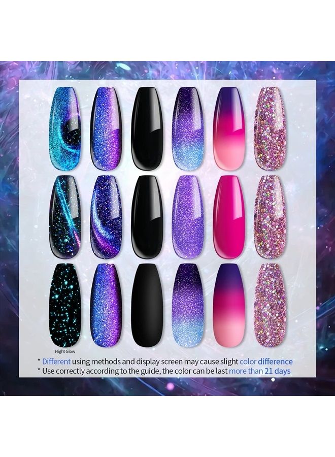 UR SUGAR Glitter Gel Nail Polish Set, 6 Colors Glitter 9D Cat Magnetic Black Nail Polish Color Changing Gel Polish Kit Hot Pink Purple Gold Colors Soak Off Gel Nails Kit Manicure Gift for Women - Image 4