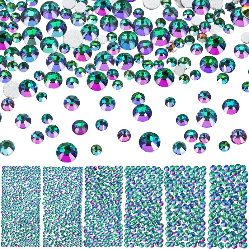 Bememo 3456 Pcs Crystals Diamond Rhinestones AB Clear Flat Back Round Gems Flatback Glass Mixed Size Crystals Gems for Crafts Clothes Shoes Makeup Bags Decor 6 SizesGreen Volcano