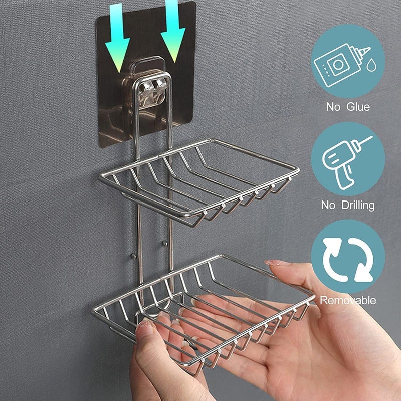 Japak Wall Mounted Double Layer soap Dish Holder Stainless Steel Wall Hanging Soap Storage Rack for Kitchen Bathroom-with Self Adhesive Magic Sticker (Stainless Steel) - Image 5