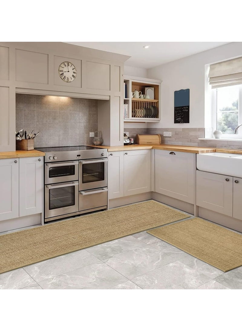 DAMAL Kitchen Floor Mat 2pcs Set, Non-slip Absorbent Natural Rubber Kitchen Carpet For Kitchen Floor, Sink, Corridor, Living Room Balcony, Beige (45*70cm+45*180cm)  - Image 2
