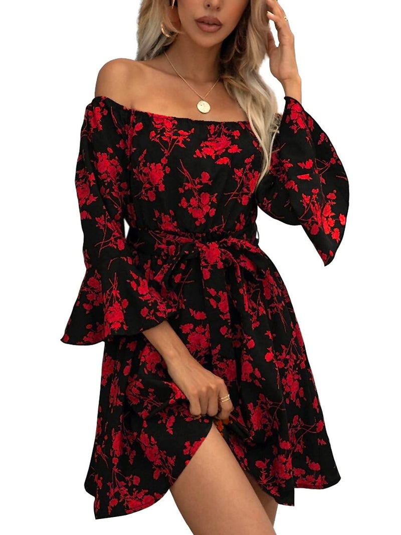 JECEIKA Womens Off Shoulder Ruffle Floral Spring Wedding Guest Dress A Line Beach Short Dress 2025, Red, X-Large JC219-3-XL - Image 1
