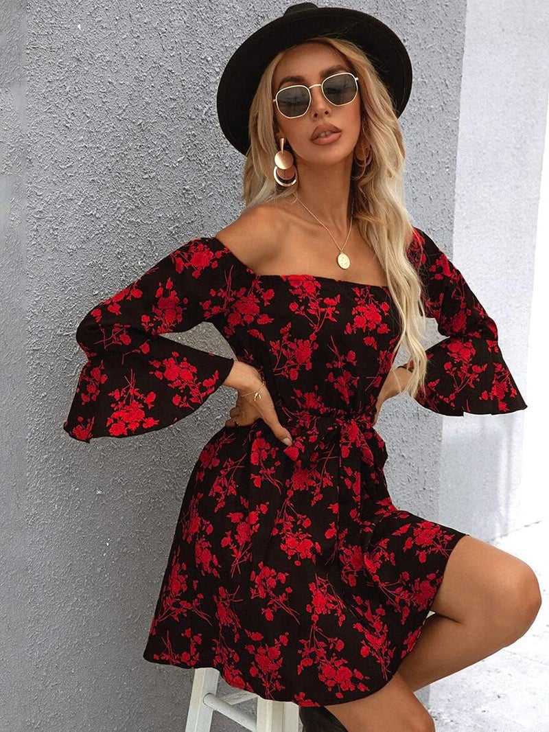JECEIKA Womens Off Shoulder Ruffle Floral Spring Wedding Guest Dress A Line Beach Short Dress 2025, Red, X-Large JC219-3-XL - Image 3