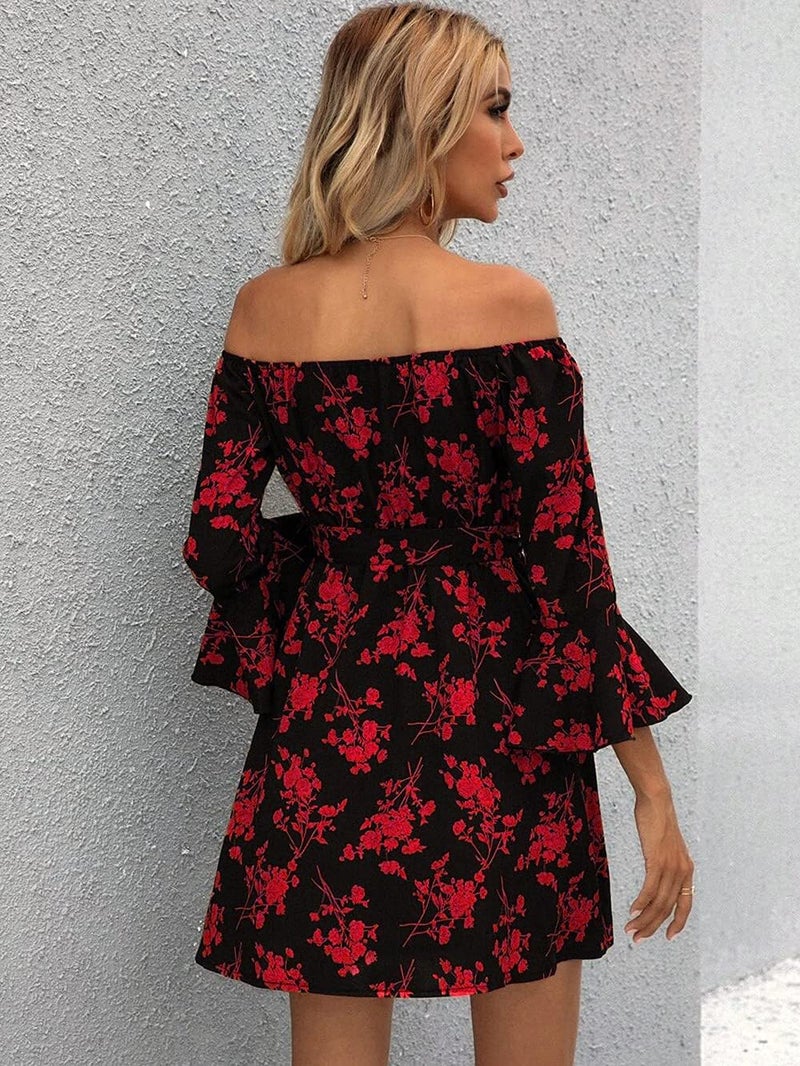 JECEIKA Womens Off Shoulder Ruffle Floral Spring Wedding Guest Dress A Line Beach Short Dress 2025, Red, X-Large JC219-3-XL - Image 2