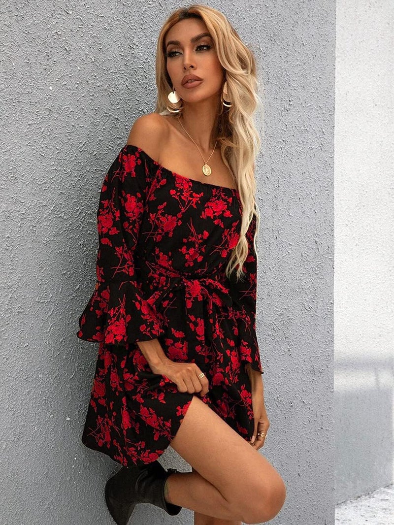 JECEIKA Womens Off Shoulder Ruffle Floral Spring Wedding Guest Dress A Line Beach Short Dress 2025, Red, X-Large JC219-3-XL - Image 5
