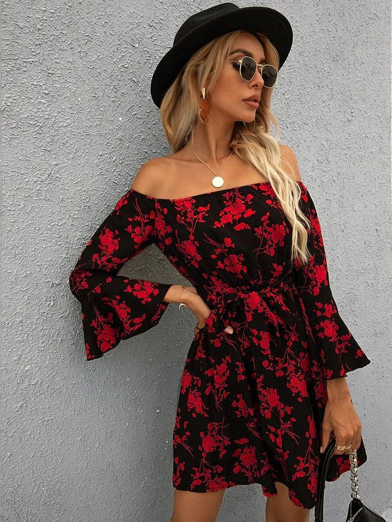 JECEIKA Womens Off Shoulder Ruffle Floral Spring Wedding Guest Dress A Line Beach Short Dress 2025, Red, X-Large JC219-3-XL - Image 4