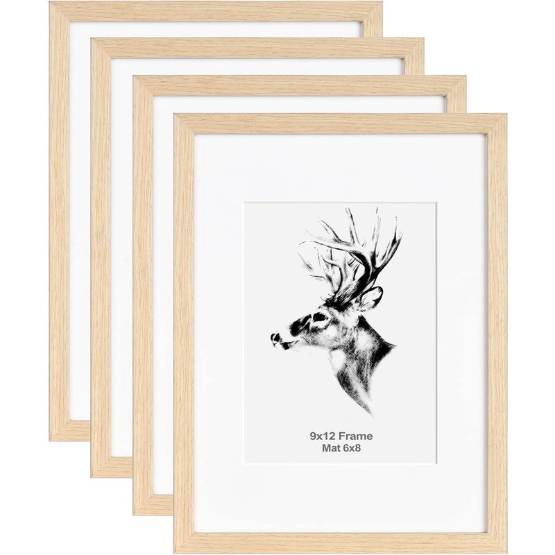Yaetm 9x12 Oak Picture Frame with Mat for 6x8 Set of 4  Solid Natural Wood Photo Frames with Tempered Glass  9 by 12 Wooden Picture Frames for Horizontal and Vertical Wall Mounting (4 Pack  Oak) - Image 1