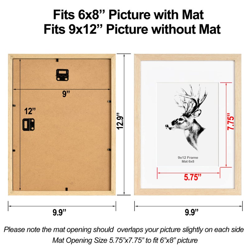 Yaetm 9x12 Oak Picture Frame with Mat for 6x8 Set of 4  Solid Natural Wood Photo Frames with Tempered Glass  9 by 12 Wooden Picture Frames for Horizontal and Vertical Wall Mounting (4 Pack  Oak) - Image 2