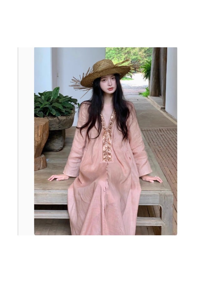 Women's Summer Dress, Pure And Relaxed, Long Sleeved, V-Neck  Skirt  - Image 1