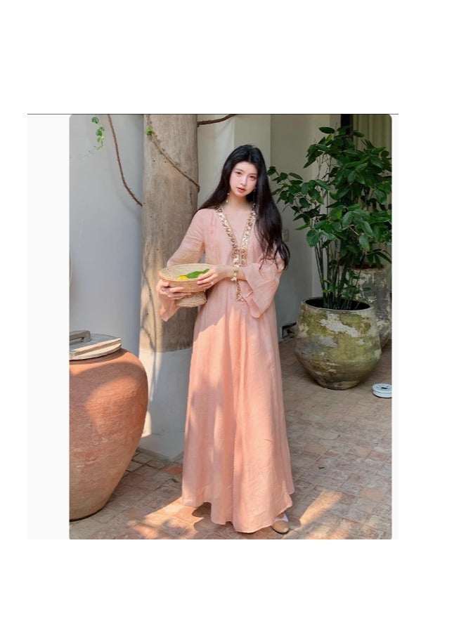 Women's Summer Dress, Pure And Relaxed, Long Sleeved, V-Neck  Skirt  - Image 2