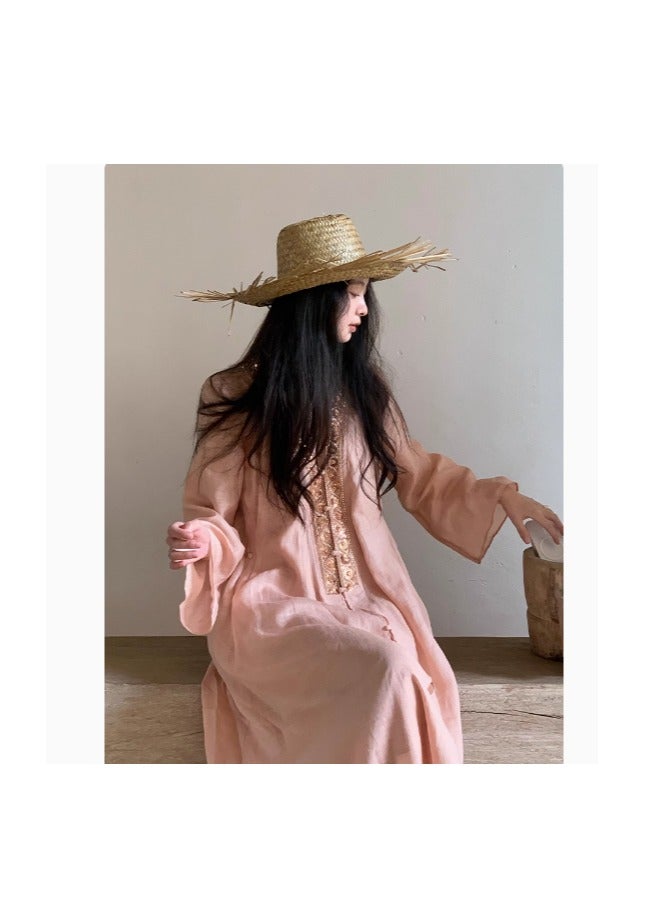 Women's Summer Dress, Pure And Relaxed, Long Sleeved, V-Neck  Skirt  - Image 3