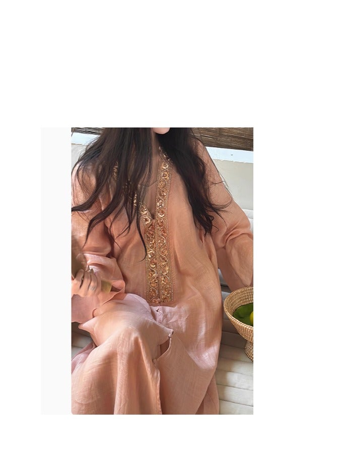 Women's Summer Dress, Pure And Relaxed, Long Sleeved, V-Neck  Skirt  - Image 4