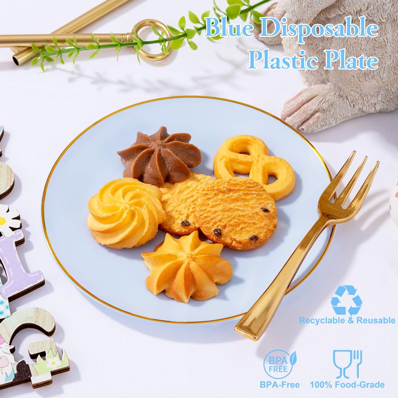 Festiva 200Pcs Blue Gold Cake Plates 6.3" with Plastic Forks 5"- Disposable Blue Dessert/Appetizer/Salad Plates- serve 100 guests for Party&Wedding&Easter - Image 4