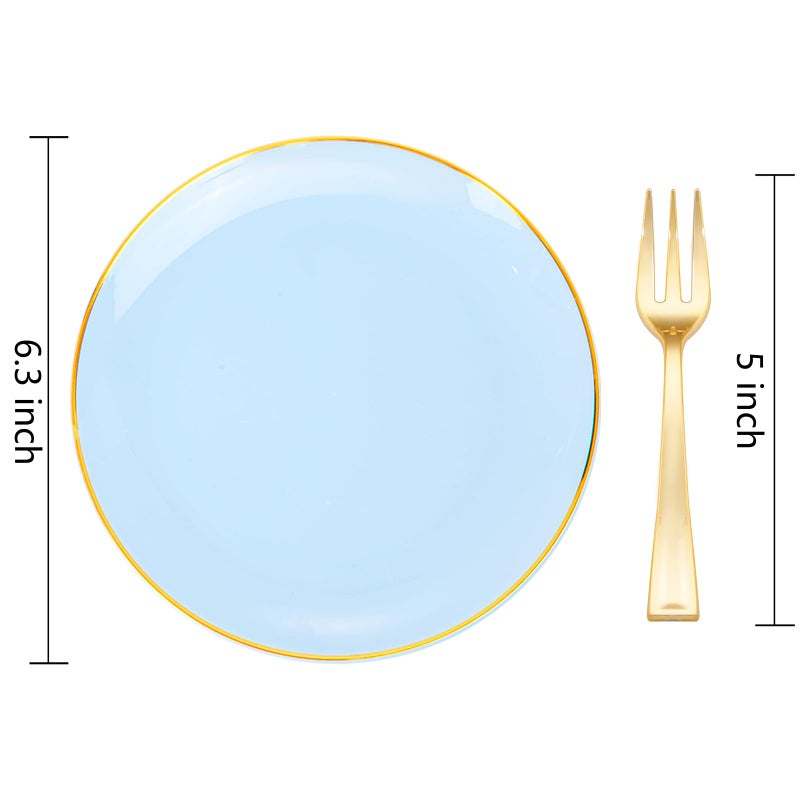 Festiva 200Pcs Blue Gold Cake Plates 6.3" with Plastic Forks 5"- Disposable Blue Dessert/Appetizer/Salad Plates- serve 100 guests for Party&Wedding&Easter - Image 2