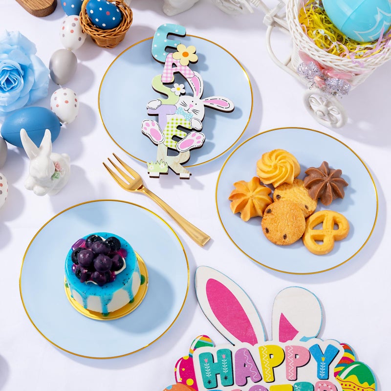 Festiva 200Pcs Blue Gold Cake Plates 6.3" with Plastic Forks 5"- Disposable Blue Dessert/Appetizer/Salad Plates- serve 100 guests for Party&Wedding&Easter - Image 5