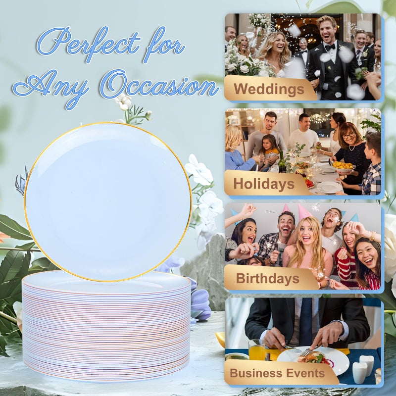 Festiva 200Pcs Blue Gold Cake Plates 6.3" with Plastic Forks 5"- Disposable Blue Dessert/Appetizer/Salad Plates- serve 100 guests for Party&Wedding&Easter - Image 3