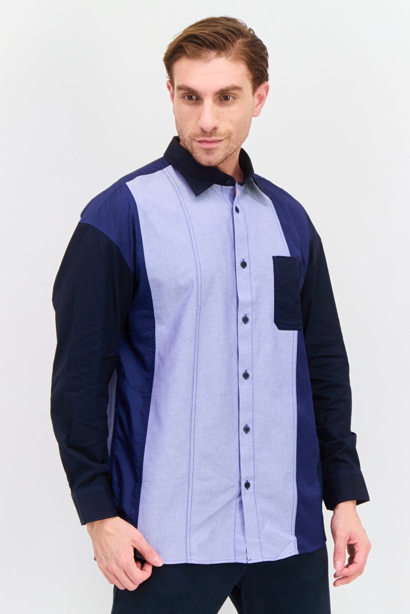 Selected Homme Men Regular Fit Colorblock Long Sleeve Casual Shirts, Blue - Image 1