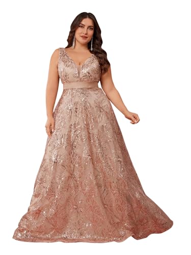 XUIBOL Plus Size Sleeveless Glitter Sequined Womens Long Formal Gown Aline Wedding Guest Dress Floor Length Evening Dresses Champagne 1XL - Image 1