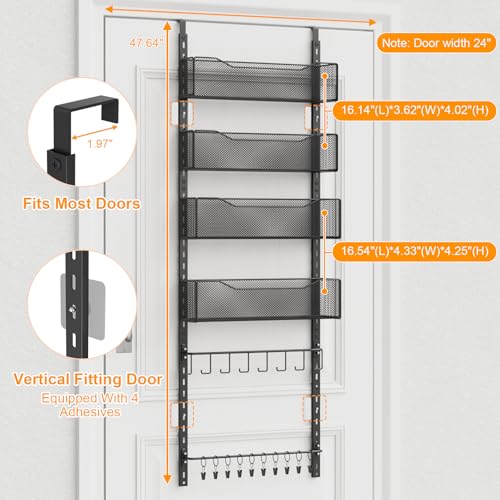 NEYCIL Over the Door Organizer, 2 in 1 Metal Hanging Closet Organizer & Hat Rack with 4 Adjustable Baskets, 8 Hooks, 10 Clips, Behind The Door Storage for Bedroom, Bathroom, Entrance, Closet, Kitchen, Black - Image 3