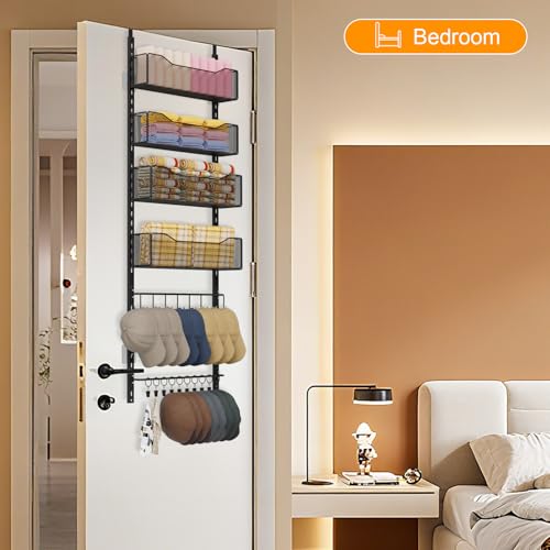 NEYCIL Over the Door Organizer, 2 in 1 Metal Hanging Closet Organizer & Hat Rack with 4 Adjustable Baskets, 8 Hooks, 10 Clips, Behind The Door Storage for Bedroom, Bathroom, Entrance, Closet, Kitchen, Black - Image 2