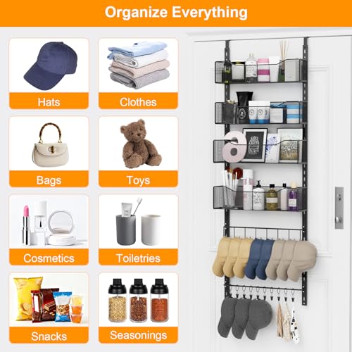 NEYCIL Over the Door Organizer, 2 in 1 Metal Hanging Closet Organizer & Hat Rack with 4 Adjustable Baskets, 8 Hooks, 10 Clips, Behind The Door Storage for Bedroom, Bathroom, Entrance, Closet, Kitchen, Black - Image 5