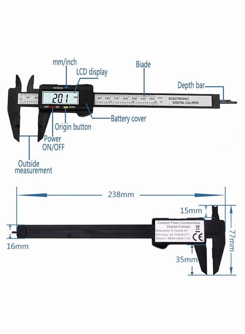 QST EXPRESS 0-150mm Electronic Digital Vernier Caliper Carbon Fiber Dial Gauge Micrometer Measuring Tool Digital Ruler Suitable for Daily and Professional Use (Black） - Image 4