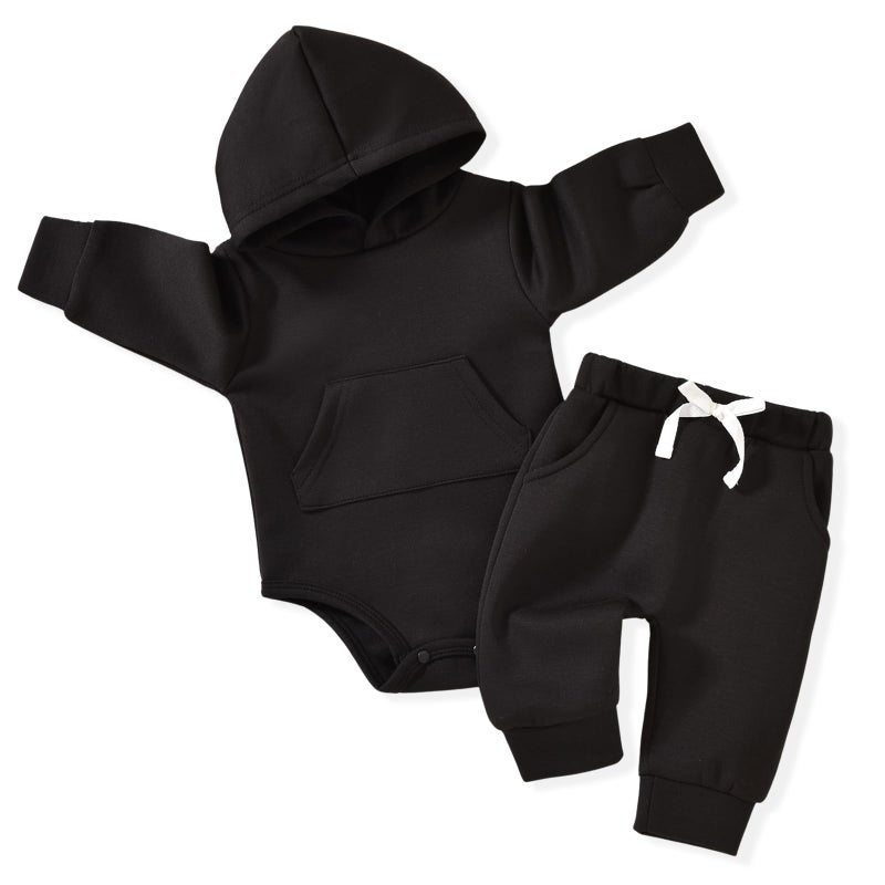 Aalizzwell 0-3 Months Infant Baby Girl Boy Fall Clothes Ribbed Long Sleeve Winter Spring Hoodie Outfit Black - Image 1
