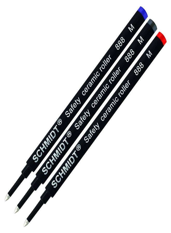 Lanier Pens Schmidt 888 M Safety Ceramic Rollerball Refill - Black, Blue & Red Ink (Medium Tip 0.7mm) - Pack of 3 - Image 1
