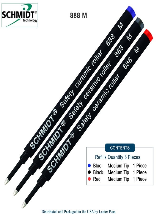 Lanier Pens Schmidt 888 M Safety Ceramic Rollerball Refill - Black, Blue & Red Ink (Medium Tip 0.7mm) - Pack of 3 - Image 2