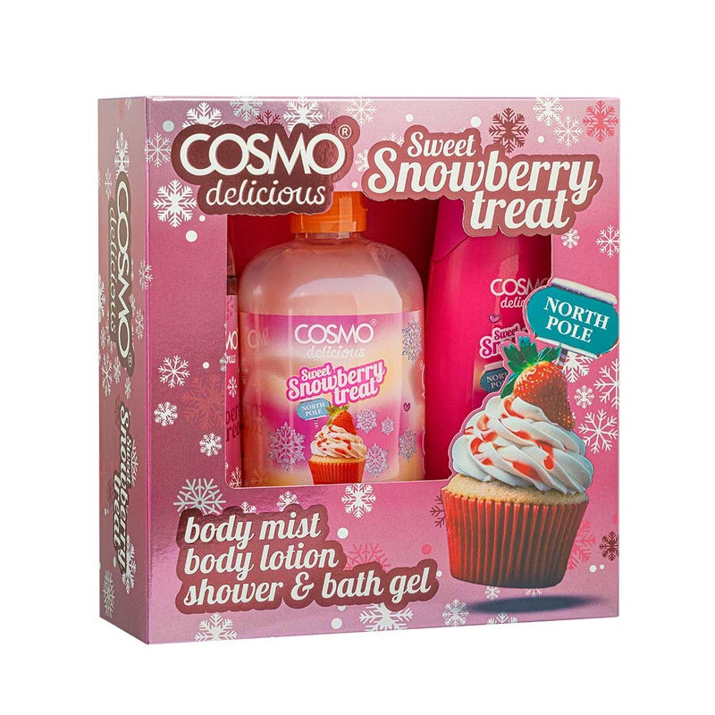 Cosmo Skin Care Delicious Sweet Snowberry Treat 3 Pieces Gift Set For Women & Men, 150ml Fragrance Mist, 350ml Aloe Vera Shower Gel, 200ml Shea Butter Body Lotion, Festive Snow Berry Cupcake Scent - Image 1
