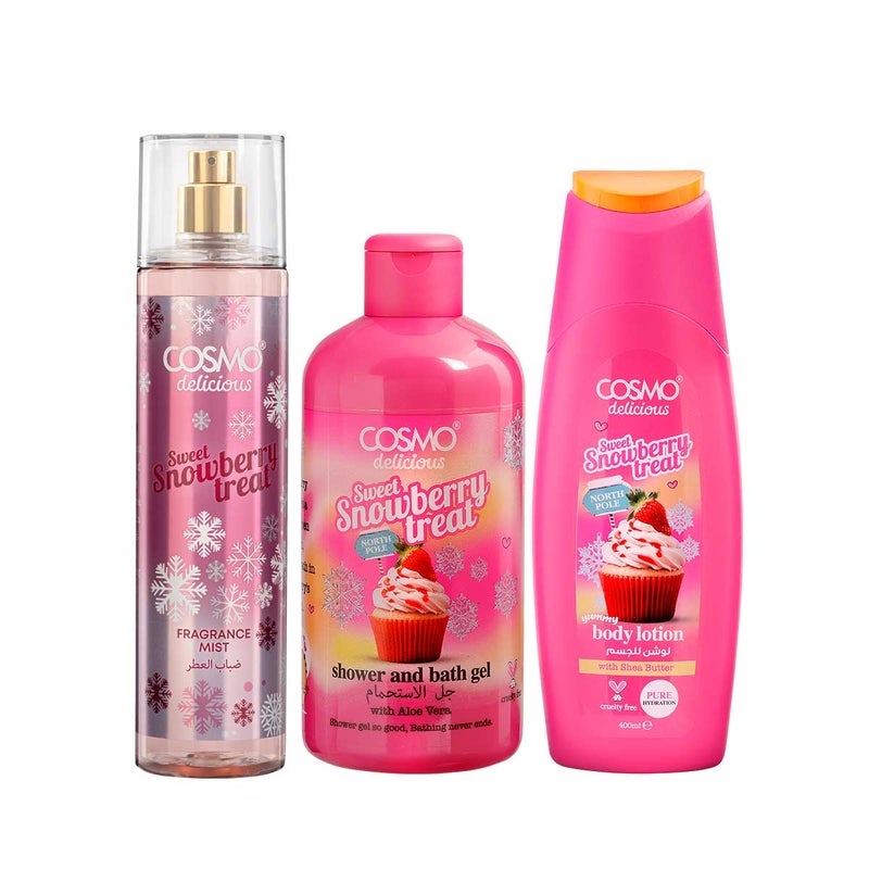 Cosmo Skin Care Delicious Sweet Snowberry Treat 3 Pieces Gift Set For Women & Men, 150ml Fragrance Mist, 350ml Aloe Vera Shower Gel, 200ml Shea Butter Body Lotion, Festive Snow Berry Cupcake Scent - Image 2