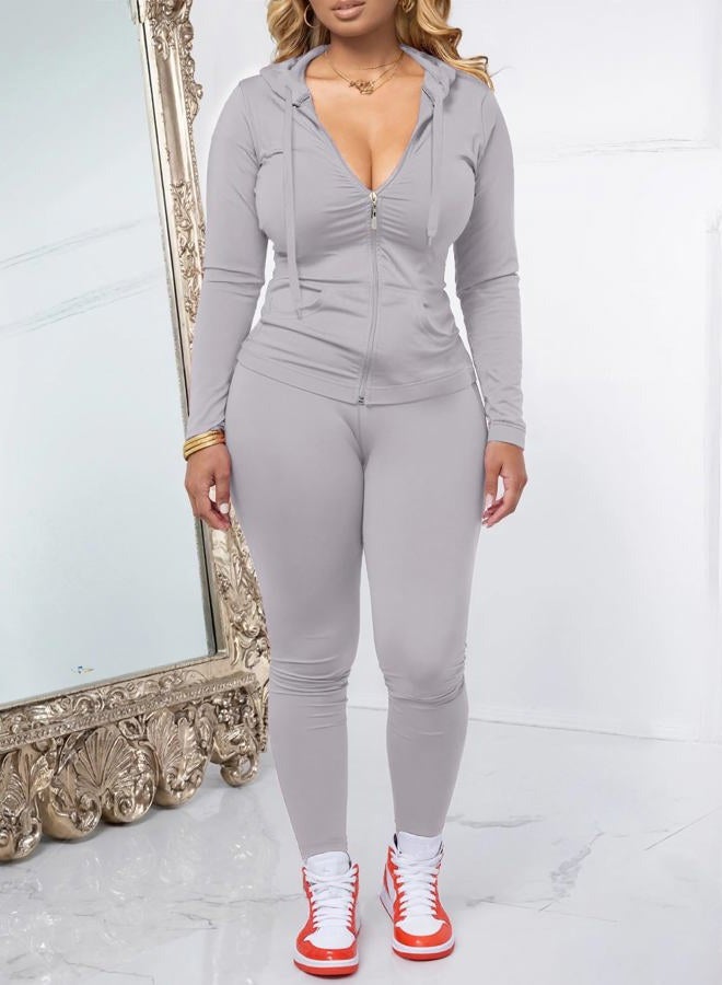 AUXDIO Women 2 Piece Outfits Casual Workout Sets Bodycon Tracksuit Zip Up Long Sleeve Hoodle Jacket Jogger Pants Set, Grey, XL - Image 2