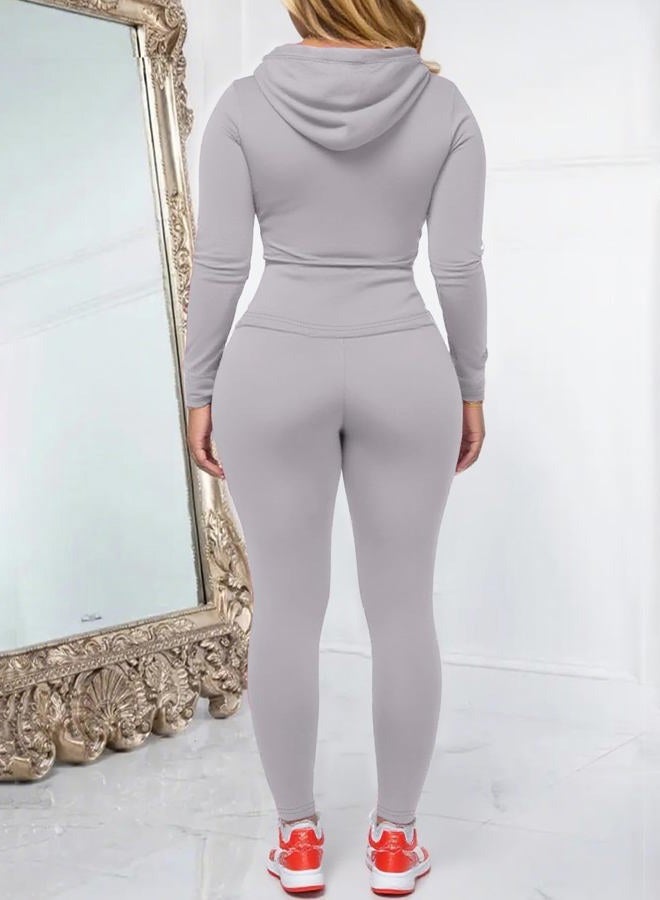 AUXDIO Women 2 Piece Outfits Casual Workout Sets Bodycon Tracksuit Zip Up Long Sleeve Hoodle Jacket Jogger Pants Set, Grey, XL - Image 4