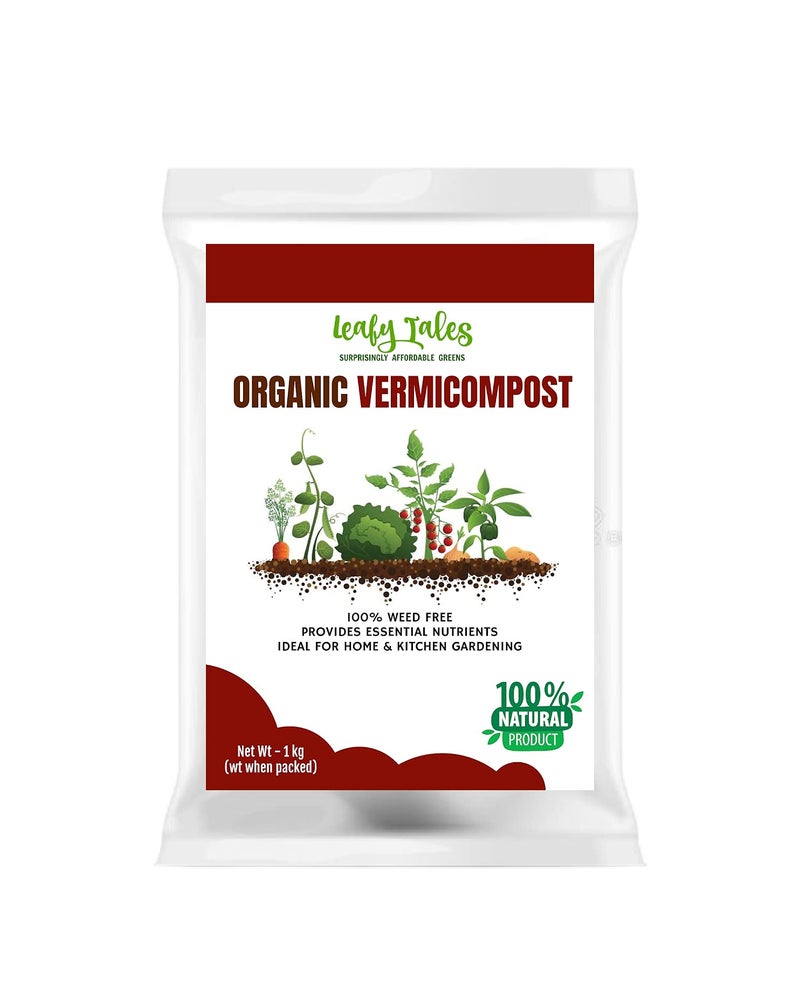 Leafy Tales 1kg Organic Vermicompost Manure Fertilizer - Pure Bio-Organic Fertilizer for Flowers, Vegetables & Lawns | Natural Soil Enricher, Potting Mix Supplement & Plant Food - Image 1