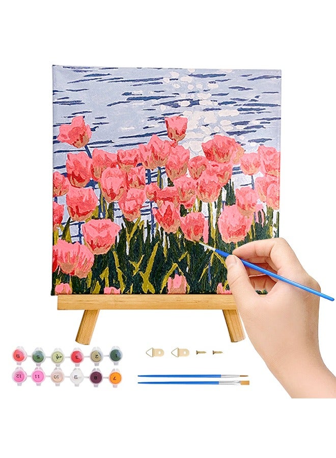 Tulip Paint by Numbers Kit with Framed and Easel for Adults Beginner, Flowers Glass Painting Paint by Numbers with Frame for Home Wall Decor, 7.87 x 7.87" - Image 1