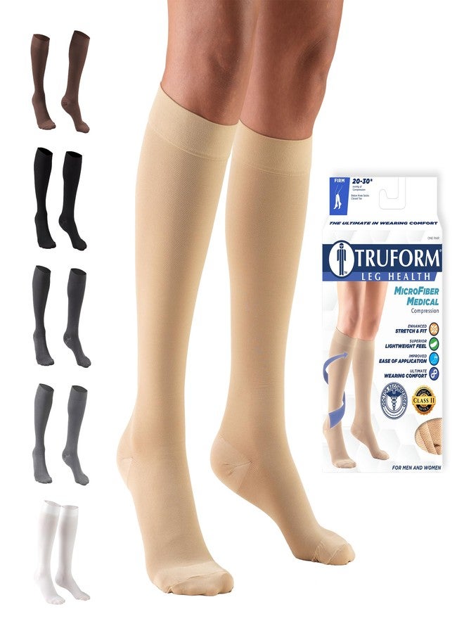 ترو فورم جوارب ضغط Truform للرجال والنساء، بضغط 20-30 مم زئبق، تصل إلى الركبة، مغلقة من الأمام، لون بيج، مقاس كبير جدًا - Image 1