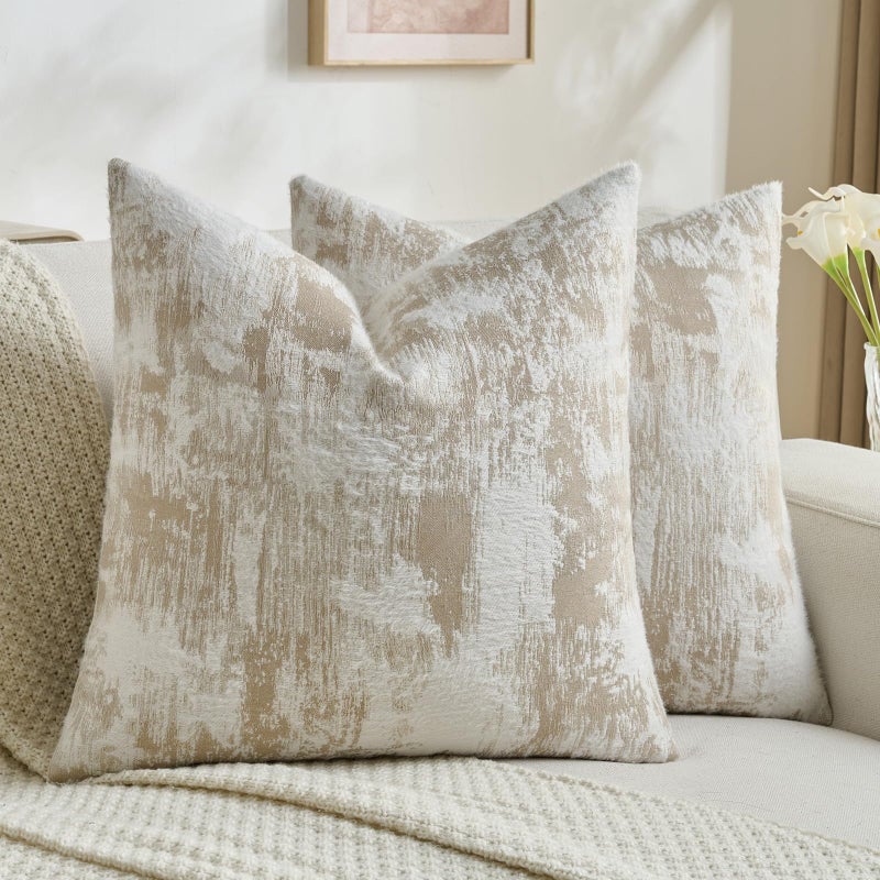 FUTEI Khaki White Decorative Throw Pillow Covers 20x20 Inch Set of 2,Jacquard Weave Cushion Case in Soft Faux Cashmere,Modern Home Decor for Couch Living Room - Image 1