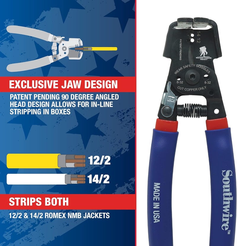 Southwire - 65172140 SNM1214HH-US ROMEX BOXJaw Wire Stripper, Dual Wire Cutter Strips both 12/2 & 14/2 Romex NMB JACKETS and 12 and 14 AWG Solid Wire - Image 4
