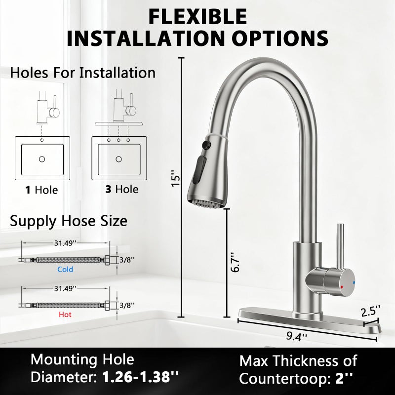 FEELSO Kitchen Faucets with Pull Down Sprayer, High Arc Stainless Steel Single Handle Kitchen Sink Faucet, 1 or 3 Hole Brushed Nickel Water Faucets for Farmhouse Laundry Camper Rv Bar - Image 4