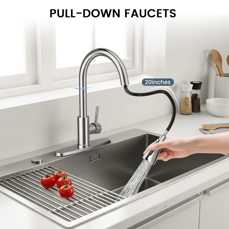 FEELSO Kitchen Faucets with Pull Down Sprayer, High Arc Stainless Steel Single Handle Kitchen Sink Faucet, 1 or 3 Hole Brushed Nickel Water Faucets for Farmhouse Laundry Camper Rv Bar - Image 2