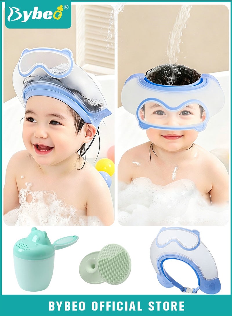 Bybeo 3 PCS Kids Bath Shampoo Set, Baby Shower Cap, Shower Cup with Hair Shampooing Brush for Toddlers, Toddler Hair Washing Shield, Adjustable Bath Hats for Kids, Silicone Visor Guard Shower Cap for Eye and Ear Protection - Image 1