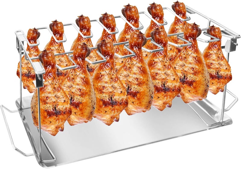 BaokiTook Drumstick Holder-Chicken Leg Rack for Grill with Drip Tray, 14 Slots Durable Stainless Steel Drumstick Rack, Drumstick Holder Roaster Stand for Smoker Grill, Oven, BBQ Accessories - Image 1
