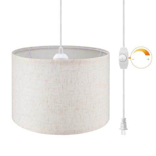 WimiSom Plug in Pendant Light15 FT Hanging Lamp with Plug in Cord Dimmable Switch Pendant Lighting with Fabric Shade Hanging Light Fixture for Living Room Bedroom Dining Room Kitchen - Image 1