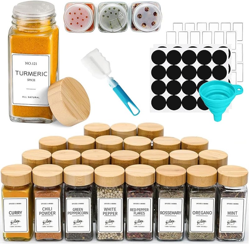 EqiEch 24 Pcs Glass Spice Jars,4oz Empty Square Spice Containers,Bamboo Sealing Lid and Spice Label,with Funnel and Brush,Glass Food Storage Containers Jars for Home,Kitchen - Image 1