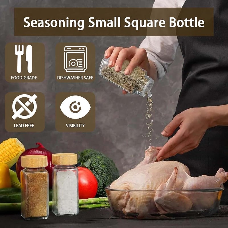 EqiEch 24 Pcs Glass Spice Jars,4oz Empty Square Spice Containers,Bamboo Sealing Lid and Spice Label,with Funnel and Brush,Glass Food Storage Containers Jars for Home,Kitchen - Image 2