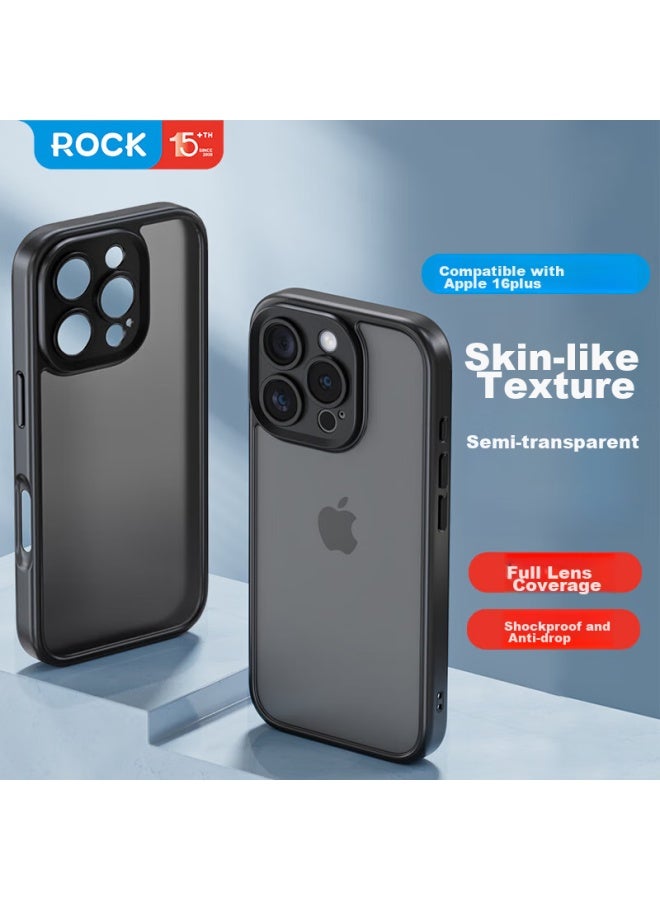 Rock غطاء روك لهاتف آيفون 16، غطاء واقي لآبل 16، إحساس مشابه للجلد، حماية كاملة للكاميرا، فتحات دقيقة، صديق للبشرة، مضاد للصدمات، حافة سيليكون ناعمة بسيطة، شبه شفافة، غير قابلة لبصمات الأصابع، للرجال والنساء، أسود - Image 1
