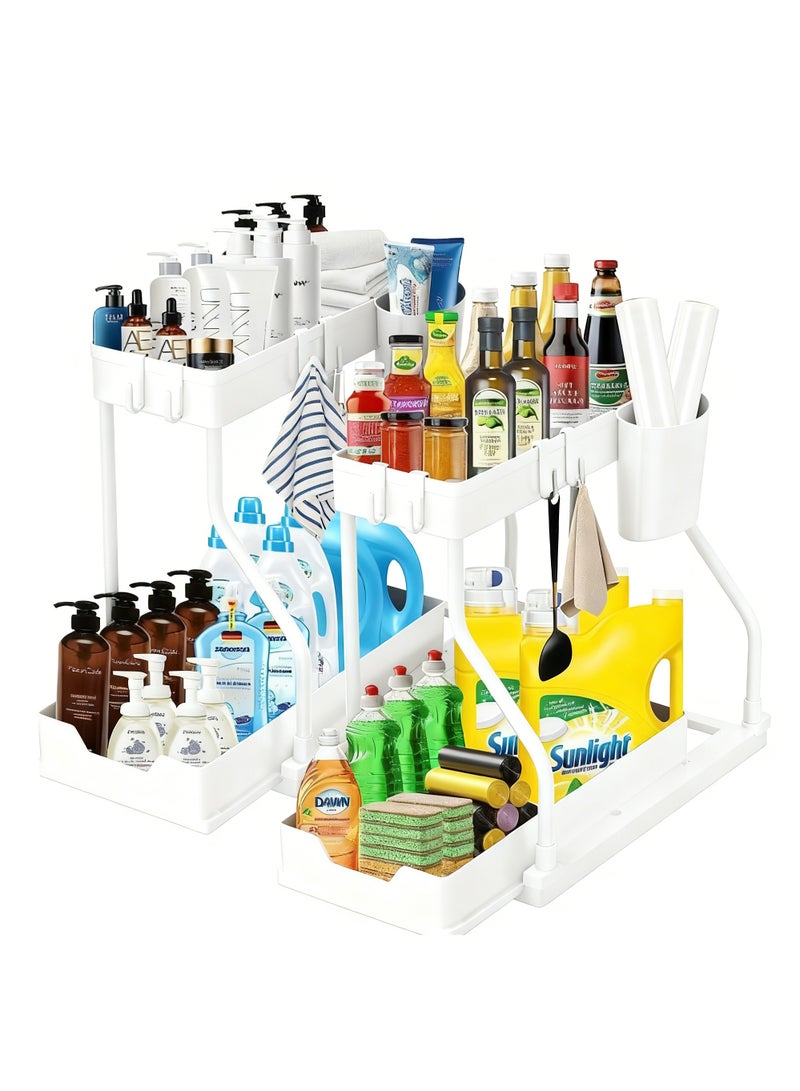 Arabest منظم ومخزن تحت الحوض 2 قطعة مع خزانة حمام منزلقة من طبقتين مع خطافات - منظم متعدد الأغراض تحت الحوض للمطبخ - Image 1