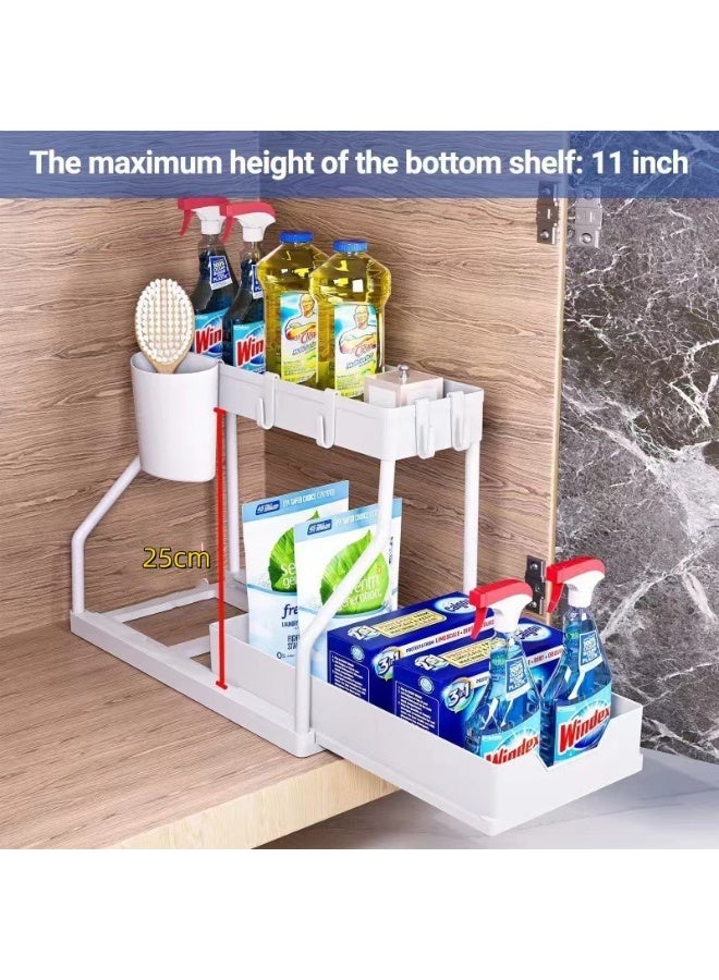 Arabest منظم ومخزن تحت الحوض 2 قطعة مع خزانة حمام منزلقة من طبقتين مع خطافات - منظم متعدد الأغراض تحت الحوض للمطبخ - Image 4